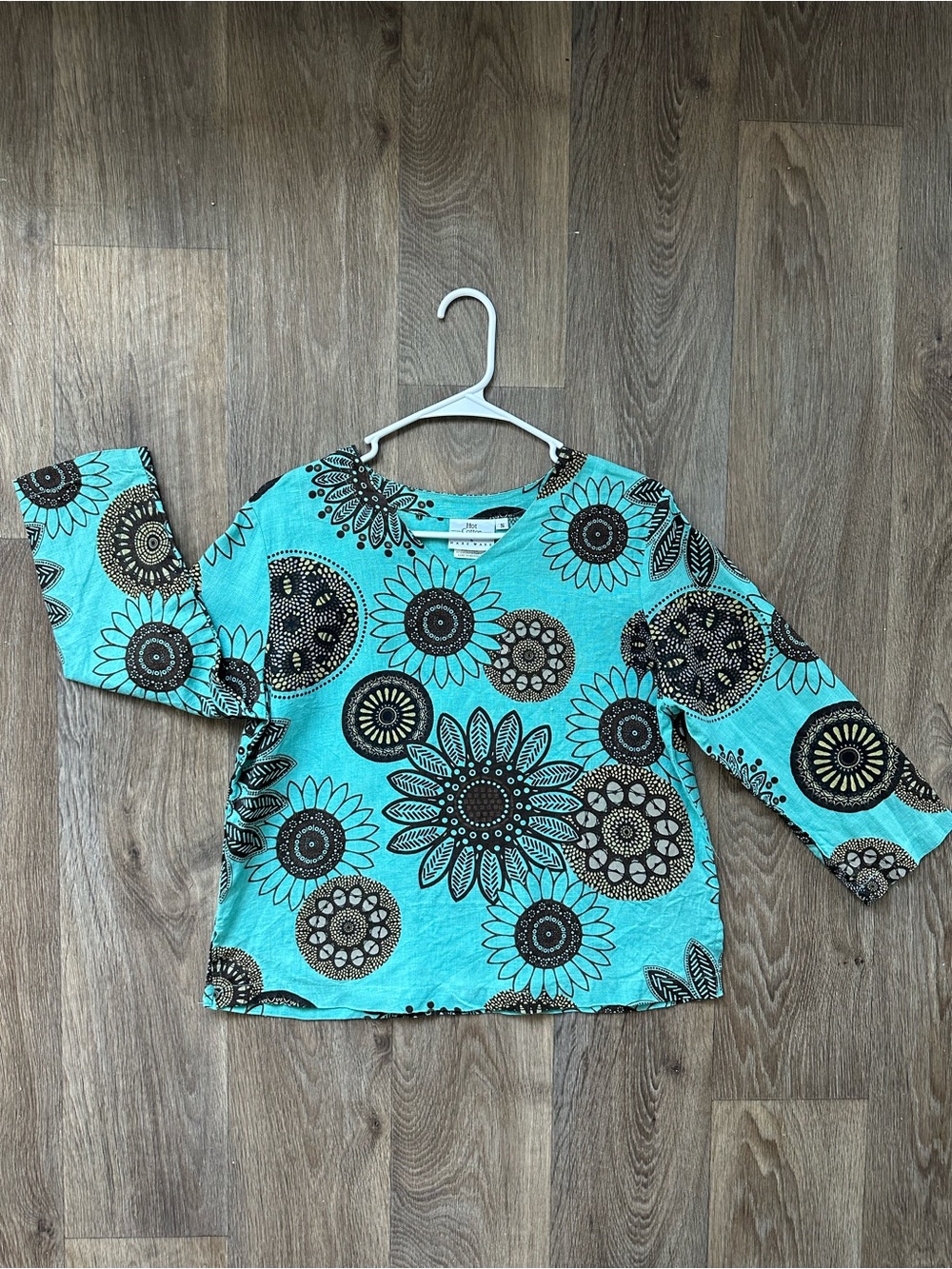 Hot Cotton Turquoise Teal Flower Print Linen Pullover Tunic Top Size S